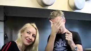 Mature French blonde fucked by two dudes in the restaurant's kitchen