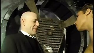 Tall black dominatrix grabs horny white guys cock